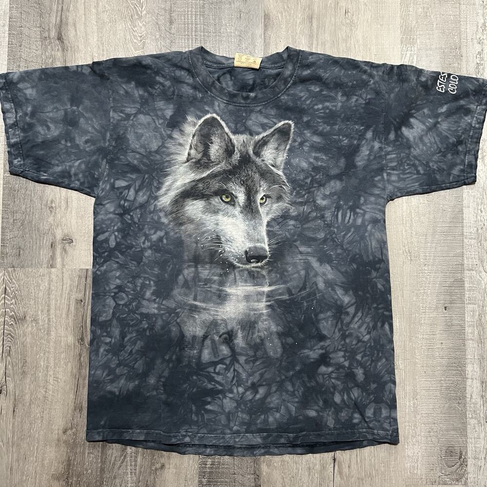 VTG The Mountain Estes Park Colorado Blue Tie Dye Grey Wolf Animal T Shirt Sz M